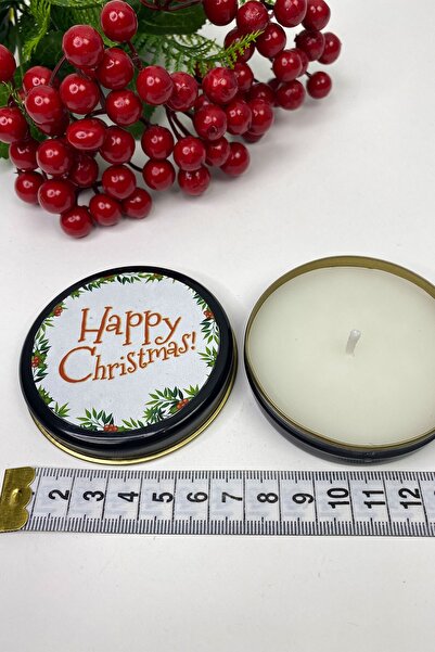 Hayalperest boncuk Yuvarlak Siyah Teneke Mum Happy Christmas Baskılı