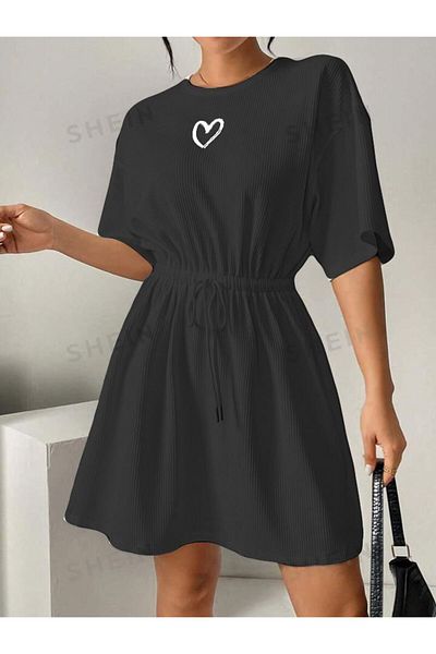 BİGÜMEX Rochie de damă din țesătură cu model de inimă, cu talie reglabilă