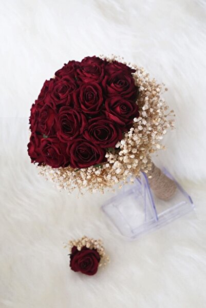 Hayalperest boncuk Koyu Kırmızı Kadife Gül Gelin Buketi Cipsolu