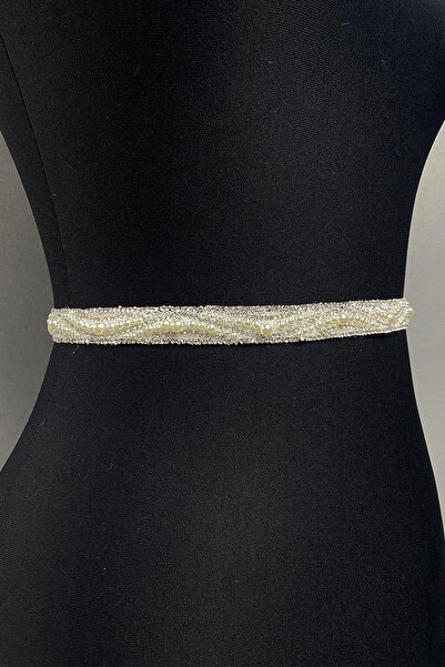 Hayalperest boncuk Krem İnci Boncuklu Taşlı Elbise Kemeri