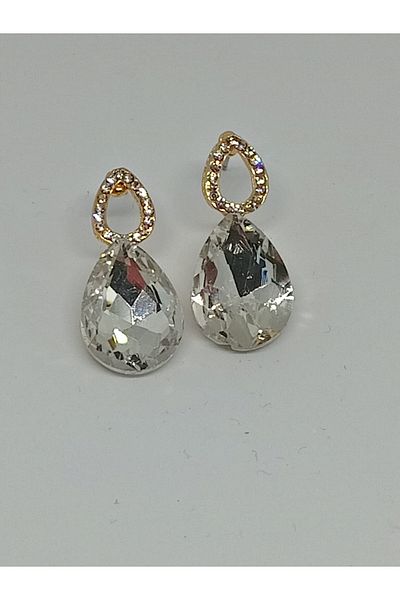 mos&more White Stone Drop Gold Women's Earrings
