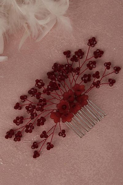 Hayalperest boncuk Bridal Hair Accessory - Burgundy Flower Beaded Comb Barrette