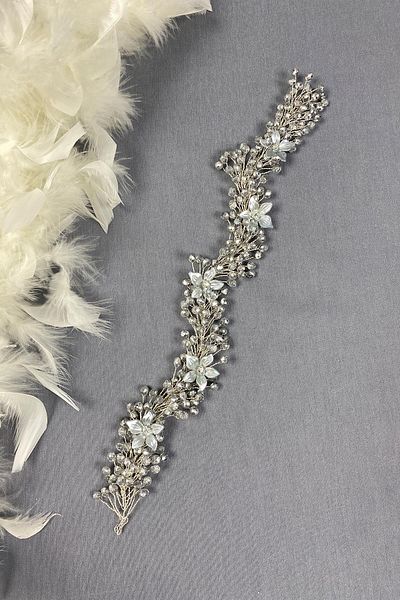 Hayalperest boncuk Bridal Hair and Turban Accessory - Gray Jewelled Flower Pattern, Crystal Beaded