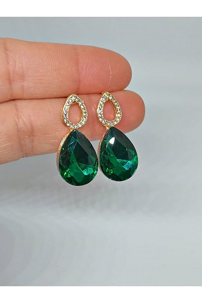 mos&more Green Stone Drop Gold Women Earrings
