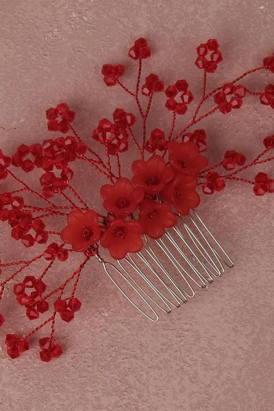 Hayalperest boncuk Bridal Hair Accessory - Red Flower Beaded Comb Barrette