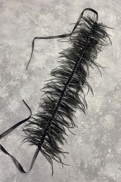 Hayalperest boncuk Accesoriu pentru talie cu centură pentru rochie de seară cu pene negre și margele de cristal
