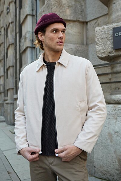 Danger Men's Leather Detailed Suede Ecru Jacket Coat