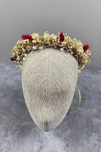 Hayalperest boncuk Red Cream Bridal Crown - Cipsolu and Cotton Herb, Suitable for Outdoor Shooting