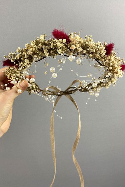 Hayalperest boncuk Red Cream Bridal Crown - Cipsolu and Cotton Herb, Suitable for Outdoor Shooting