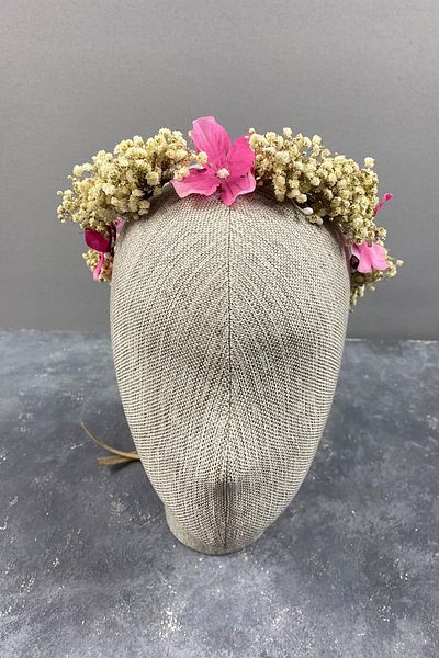 Hayalperest boncuk Ροζ ορτανσία και σοκαρισμένο Cipso Dry Floral Εξωτερική Νυφική ​​Τιάρα