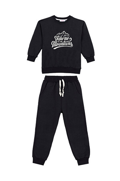 Dağ Baskılı Kışlık Sweatshirt Takım 2-8 Yaş Siyah Renk