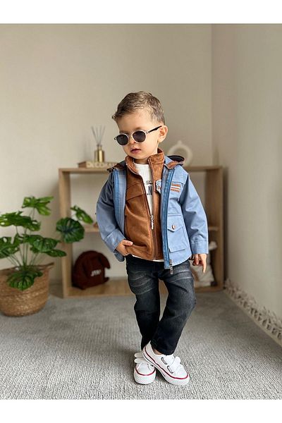 Minigimin Cicileri Cicis of My Toddler - Lifeis Meantto Good 4-Piece Suede Set with Hood and Vest Indigo Jacket