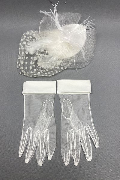 Hayalperest boncuk Cuffed Bridal Gloves and Polka Dot Wedding Hat