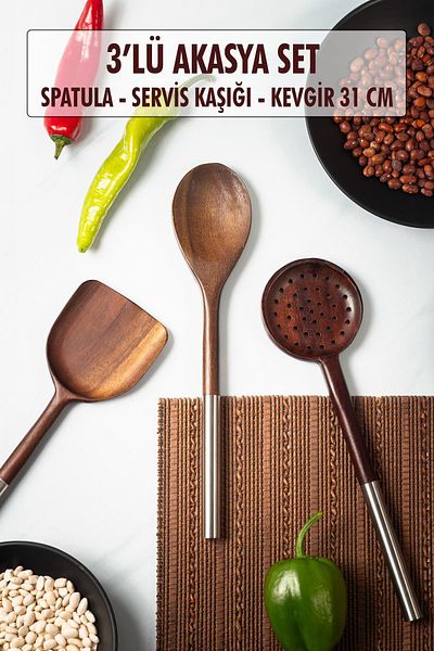 Hangora Akasya 3-Piece Serving Spoon & Serving Colander & Serving Spatula & Salad Serving Set