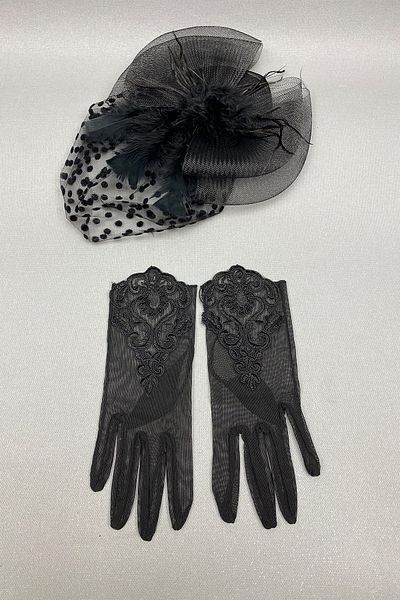 Hayalperest boncuk Polka Dot Wedding Hat and Lace Bridal Gloves