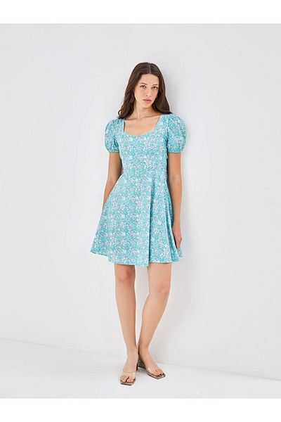 LC Waikiki Blai̇s Square Neck Floral Short Sleeve Dress for Women