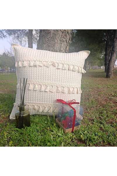 Demet Çeyiz Aksesuar Rüyalhome Decorative Tufted Cream Seat Pillow Cover Bohe...