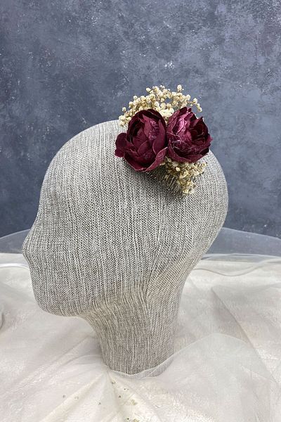 Hayalperest boncuk Agrafă de păr cu flori de bujor burgundă