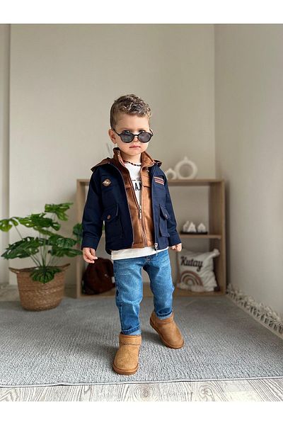 Minigimin Cicileri Cicis of My Toddler - Lifeis Meantto Good 4-Piece Suede Set with Hood and Vest - Navy