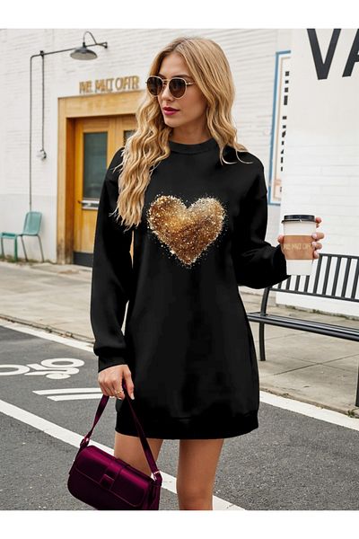 Bay Şapkacı Silky Women's Long Sleeve Crew Neck Heart Pattern Viscose Two Thread Blouse
