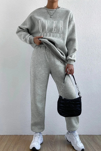 FECCY Set de trening gri Overthinking cu imprimeu bumbac piese - supradimensi...