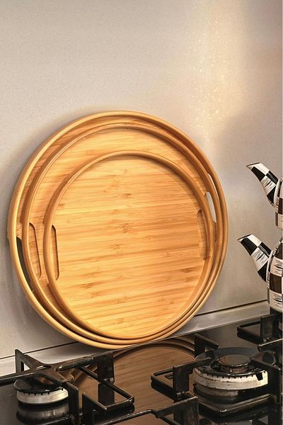 Makri Set of 3 Round Bamboo Trays - 30 Cm, 35 cm and 38 cm Diameter, Bamboo Tray with 3 Handles