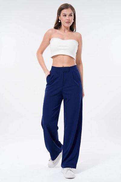 vuvutasarım Crepe Fabric Velcro Closure Wide Leg Pocket Navy Blue Women's Trousers 001