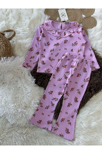 MODA Flower Patterned Twill Girl's Double Bottom Top Set