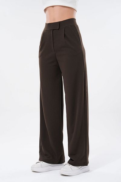 vuvutasarım Crepe Fabric Velcro Closure Wide Leg Pocket Brown Women's Trousers 001