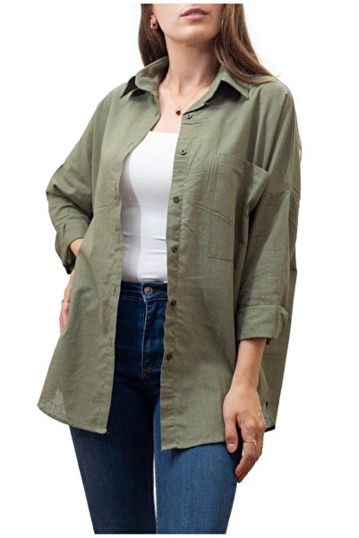 DEZZİİ Linen Shirt - Khaki Green and Flamed Design