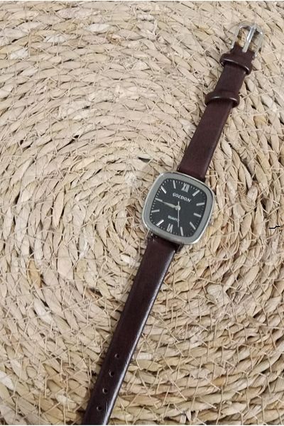 Brality Retro Minimal Vintage Women's Wristwatch Oval Model.. Silver Case - Black Dial Dark Brown Cord - 0099