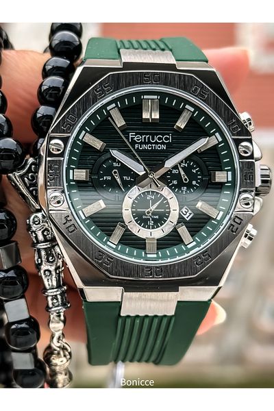 Ferrucci Brand Green Color Silicone Band,Calendar,Function Men's Wrist Watch+Bracelet