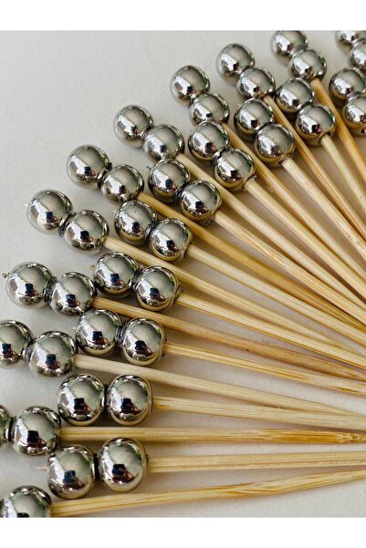 yağmur gökçe NO:66 - 50 adet  Dekoratif Gümüş Renk Çift Boncuklu Şık Kürdan