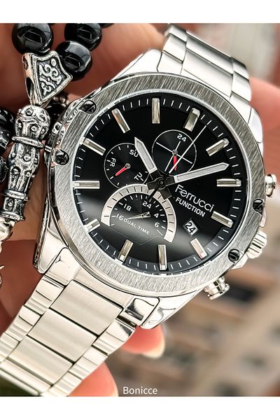 Ferrucci Brand Silver Color Steel Band, Black Dial, with Calendar, Function Men's Wrist Watch+Bracelet Rosary
