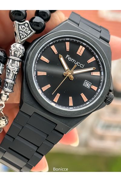 Ferrucci Brand Black Color Steel Band, Black Dial,Calendar, Men's Wrist Watch+Bracelet Rosary