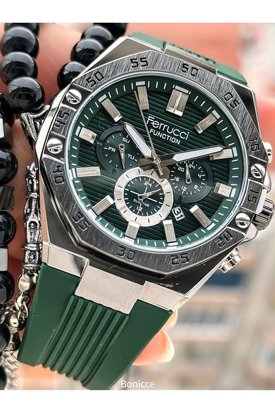 Ferrucci Brand Green Color Silicone Band,Calendar,Function Men's Wrist Watch+Bracelet