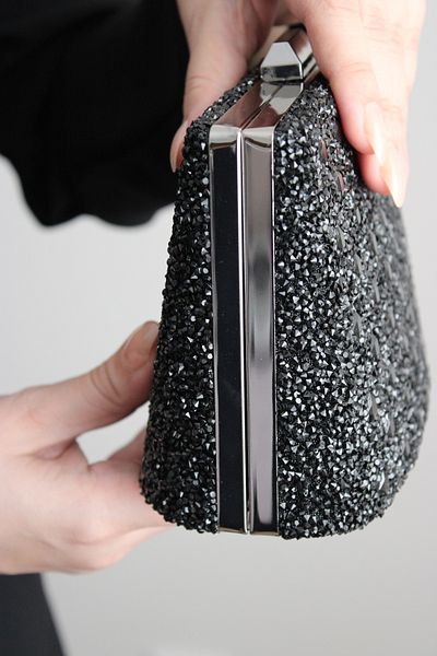 Mimoza Women's Black Double-Way Stone Evening Bag with Movable Handle and Chain Strap