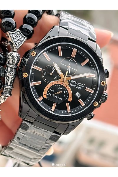 Ferrucci Brand Black Color Steel Band with Calendar, Function Men's Wrist Watch+Bracelet Rosary