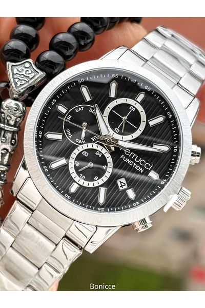 Ferrucci Brand Silver Color Steel Band,Black Dial, with Calendar, Function Men's Wrist Watch+Bracelet Rosary