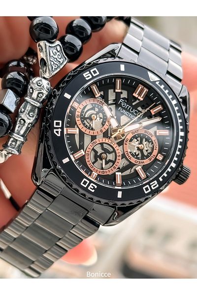 Ferrucci Brand Black Color Steel Band with Calendar, Function Men's Wrist Watch+Bracelet Rosary