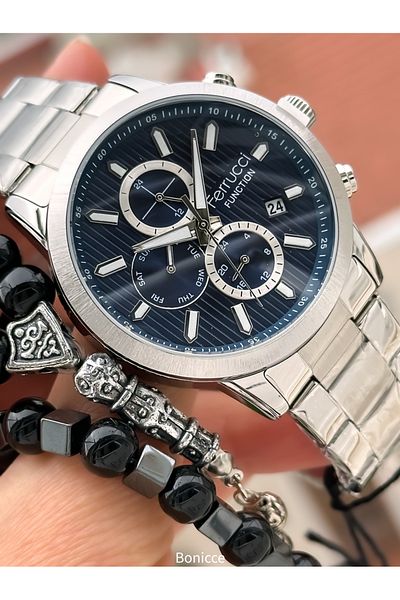 Ferrucci Men's Wrist Watch - Silver Color, Steel Band, Navy Blue Dial, Calendar, Function + Bracelet Rosary