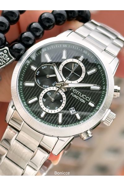 Ferrucci Men's Silver Color Steel Band Green Dial Calendar Function Wrist Watch and Bracelet Rosary