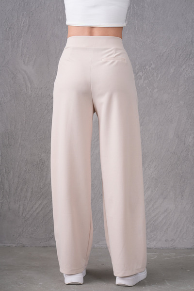 bayansepeti Béžové dámské kalhoty s vysokým pasem a suchým zipem a zipem s širokými nohavicemi 001