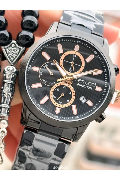 Ferrucci Brand Black Color Steel Band with Calendar, Function Men's Wrist Watch+Bracelet Rosary