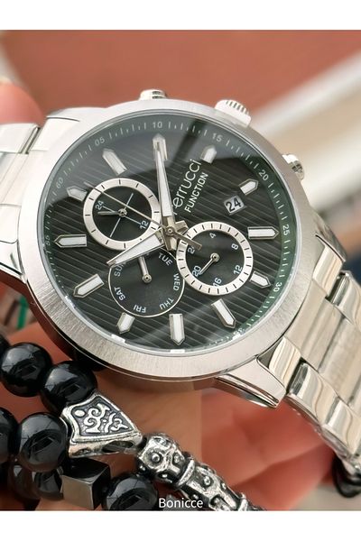 Ferrucci Men's Silver Color Steel Band Green Dial Calendar Function Wrist Watch and Bracelet Rosary