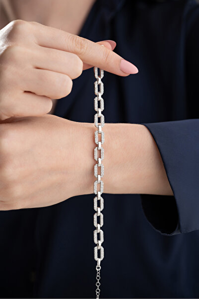 Silvano Jewelry 925 Ayar Gümüş Trend Taşlı Zincir Bileklik