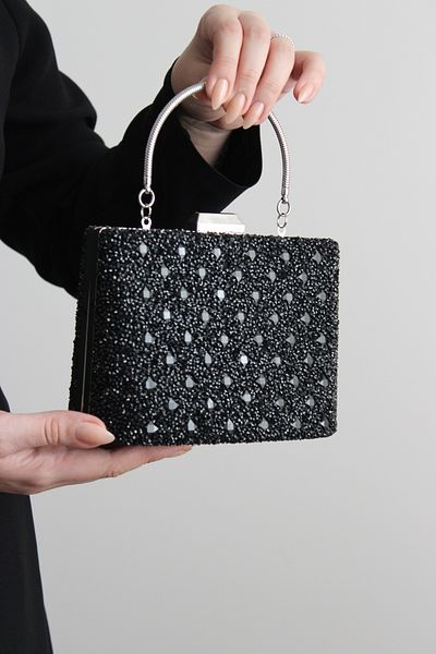 Mimoza Women's Black Double-Way Stone Evening Bag with Movable Handle and Chain Strap