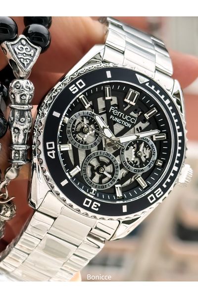 Ferrucci Brand Silver Color Steel Band,Black Dial, with Calendar, Function Men's Wrist Watch+Bracelet Rosary