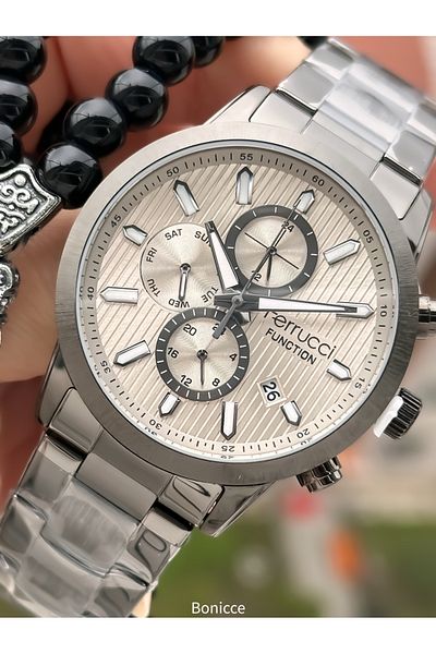 Ferrucci Brand Smoked Color Steel Band with Calendar, Function Men's Wrist Watch+Bracelet Rosary