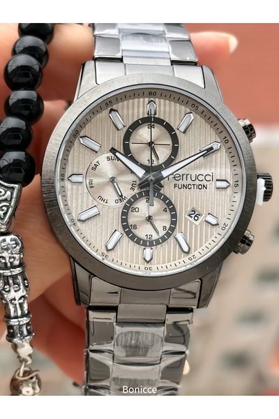 Ferrucci Brand Smoked Color Steel Band with Calendar, Function Men's Wrist Watch+Bracelet Rosary
